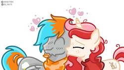 Size: 1944x1100 | Tagged: safe, artist:redpalette, imported from derpibooru, oc, oc:red palette, oc:shade flash, pegasus, unicorn, bandana, blushing, cheek kiss, clothes, floating heart, freckles, heart, kiss on the cheek, kissing, scarf, simple background, smiling, white background