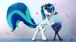 Size: 3840x2160 | Tagged: safe, artist:tenebrisnoctus, imported from derpibooru, dj pon-3, vinyl scratch, pony, unicorn, big tail, bipedal, bipedal leaning, female, headphones, leaning, mare, solo, sunglasses, unshorn fetlocks