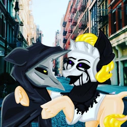 Size: 1000x1000 | Tagged: dead source, safe, artist:princess_skyresh_glow, imported from derpibooru, earth pony, goo, pony, acid, antagonist, anti-villain, black sclera, black tears, cloak, clothes, duo, laughing, leonine tail, mask, mind control, outdoors, plague doctor, ponified, possessed, scp, scp-035, scp-049, side hug, unshorn fetlocks