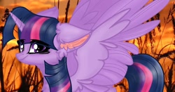 Size: 1080x565 | Tagged: dead source, safe, artist:kefir, artist:princess_skyresh_glow, imported from derpibooru, twilight sparkle, alicorn, pony, base used, ear fluff, eye clipping through hair, eyelashes, female, horn, mare, outdoors, smiling, solo, tree, twilight sparkle (alicorn), wings