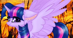 Size: 1080x565 | Tagged: dead source, safe, alternate version, artist:kefir, artist:princess_skyresh_glow, imported from derpibooru, twilight sparkle, alicorn, pony, base used, ear fluff, eye clipping through hair, eyelashes, female, horn, mare, outdoors, smiling, solo, tree, twilight sparkle (alicorn), wings