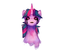 Size: 1920x1500 | Tagged: safe, artist:iridescentadopt, imported from derpibooru, twilight sparkle, pony, unicorn, black sclera, black tears, corrupted, corrupted twilight sparkle, creepypasta, crying, female, glowing horn, horn, open mouth, simple background, solo, white background, zalgo