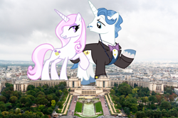 Size: 1300x867 | Tagged: safe, artist:dashiesparkle, artist:thegiantponyfan, artist:weegeestareatyou, imported from derpibooru, fancypants, fleur-de-lis, pony, unicorn, female, france, giant pony, giantess, highrise ponies, irl, macro, male, mare, paris, photo, ponies in real life, stallion, story included