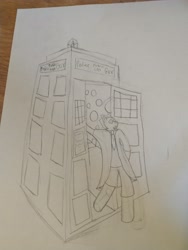 Size: 3456x4608 | Tagged: safe, artist:acid flask, derpibooru exclusive, imported from derpibooru, doctor whooves, time turner, doctor who, drawing, leaning on wall, paper, pencil, police box, sketch, small smile, tardis, tardis control room, traditional art, wibbly wobbly timey wimey stuff