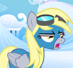 Size: 1498x1398 | Tagged: safe, artist:melissaterss, imported from derpibooru, derpy hooves, pegasus, pony, clothes, cloud, commission, derpy hooves is not amused, female, goggles, mare, open mouth, solo, unamused, uniform, wonderbolts, wonderbolts uniform, ych result