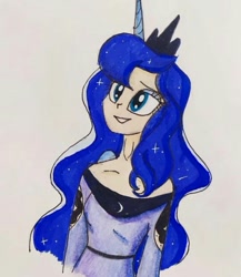 Size: 540x623 | Tagged: safe, artist:lunaart, imported from derpibooru, princess luna, alicorn, human, alicorn humanization, cute, cutie mark on human, horn, horned humanization, humanized, lunabetes, smiling, traditional art, winged humanization, wings