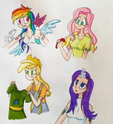 Size: 540x594 | Tagged: safe, artist:lunaart, imported from derpibooru, angel bunny, applejack, fluttershy, rainbow dash, rarity, bird, human, magical mystery cure, alternative cutie mark placement, clothes, cutie mark on human, horn, horned humanization, humanized, scene interpretation, swapped cutie marks, traditional art, what my cutie mark is telling me, winged humanization, wings