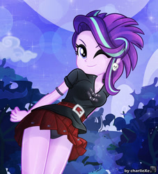 Size: 856x943 | Tagged: safe, artist:charliexe, imported from ponybooru, starlight glimmer, equestria girls, arm band, belt, clothes, ear piercing, earring, eyeshadow, jewelry, makeup, one eye closed, panties, piercing, punk, skull, underwear, wink