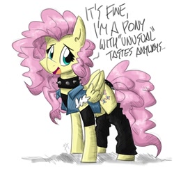 Size: 1200x1200 | Tagged: safe, artist:flutterthrash, fluttershy, pegasus, pony, alternate hairstyle, choker, chokershy, clothes, cute, dialogue, female, jacket, leg warmers, metal, metalshy, shyabetes, solo, spiked choker