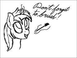 Size: 800x600 | Tagged: safe, artist:ahorseofcourse, minuette, pony, unicorn, bust, dialogue, female, horn, magic, mare, monochrome, open mouth, simple background, sketch, solo, telekinesis, toothbrush