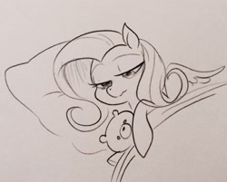 Size: 2142x1721 | Tagged: safe, artist:glacierclear, fluttershy, pegasus, pony, bed, female, lidded eyes, mare, monochrome, pillow, solo, spread wings, teddy bear, tired, traditional art, wings