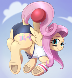 Size: 557x600 | Tagged: artist needed, safe, fluttershy, pegasus, pony, arm band, buckball, clothes, dock, female, flying, looking at you, looking back, looking back at you, mare, panties, prehensile tail, solo, underhoof, underwear