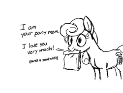 Size: 800x600 | Tagged: safe, artist:hereformares, carrot top, golden harvest, earth pony, pony, dialogue, female, lunch bag, mare, monochrome, mouth hold, simple background, sketch, smiling, solo, text