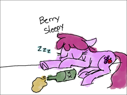Size: 800x600 | Tagged: safe, artist:anonymous, berry punch, berryshine, earth pony, pony, eyes closed, female, lying down, mare, onomatopoeia, simple background, sleeping, solo, sound effects, text, underhoof, white background, wine bottle, zzz