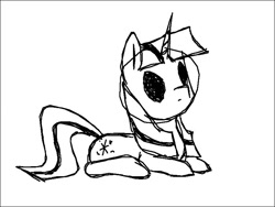 Size: 800x600 | Tagged: safe, artist:firecracker, twilight sparkle, pony, unicorn, black sclera, female, horn, mare, monochrome, prone, simple background, sitting, sketch, solo, unicorn twilight