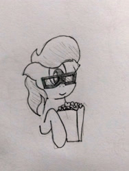 Size: 2099x2798 | Tagged: safe, artist:anonymous, cyclops pony, cyclops, earth pony, pony, 3d glasses, drawthread, food, popcorn, simple background, smiling, solo, traditional art