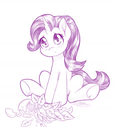 Size: 1280x1404 | Tagged: safe, artist:dstears, imported from derpibooru, phyllis, starlight glimmer, pony, unicorn, broken, crying, female, frown, looking up, mare, monochrome, philodendron, phyllis no!, plant, potted plant, sad, simple background, sitting, solo, teary eyes, underhoof, white background