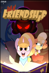 Size: 2100x3150 | Tagged: safe, artist:chaosllama, imported from derpibooru, oc, oc:chamberlain abigail, oc:daybright dazzle, oc:empress camelidia discordus equestrius, pony, unicorn, comic:fall of friendship, comic, cover art