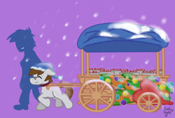 Size: 1024x692 | Tagged: safe, artist:pickfairy, imported from derpibooru, oc, oc:pickfairy, human, pony, cart, chocolate, clothes, duo, food, hot chocolate, pulling, purple background, simple background, snow, winter, winter outfit