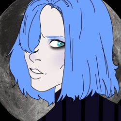 Size: 1000x1000 | Tagged: safe, artist:11_corpse_11, imported from derpibooru, princess luna, human, bust, clothes, eyeliner, female, full moon, hair over one eye, humanized, makeup, moon, s1 luna, solo