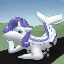 Size: 2000x2000 | Tagged: safe, artist:balloon-quilava, imported from derpibooru, rarity, inflatable pony, original species, pooltoy pony, air nozzle, commission, fetish, inanimate tf, inflatable, looking at you, not salmon, plane, planeified, pool toy, pose, smiling, species swap, transformation, wat