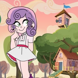 Size: 1000x1000 | Tagged: safe, artist:11_corpse_11, imported from derpibooru, sweetie belle, human, clothes, clubhouse, crusaders clubhouse, female, humanized, outdoors, simple background, skirt, smiling, solo, tree, treehouse, white background