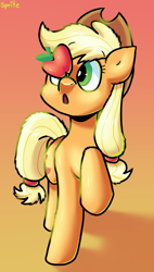 Size: 884x1553 | Tagged: safe, artist:spritecranbirdie, imported from derpibooru, applejack, earth pony, pony, apple, applejack's hat, balancing, cowboy hat, cute, cutie mark, female, food, fruit, hat, jackabetes, ponies balancing stuff on their nose, silly, silly pony, solo, that pony sure does love apples, who's a silly pony