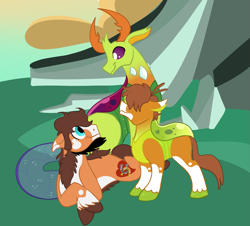 Size: 1809x1632 | Tagged: safe, artist:radicalhat, imported from derpibooru, thorax, oc, oc:heart chaser, oc:hemolymph, changedling, changeling, changepony, earth pony, hybrid, pony, canon x oc, couple, family, gay, interspecies offspring, king thorax, lying down, magical gay spawn, male, offspring, parent:oc:heart chaser, parent:thorax, parents:canon x oc, rock, shipping