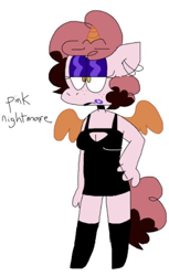 Size: 344x562 | Tagged: safe, artist:spritecranbirdie, imported from derpibooru, oc, oc only, oc:pink nightmare, alicorn, anthro, pony, black dress, breasts, cleavage, clothes, cropped, dress, ear piercing, female, footwear, freckles, heterochromia, lipstick, makeup, piercing, solo