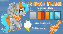 Size: 1280x691 | Tagged: safe, artist:redpalette, imported from derpibooru, oc, oc:shade flash, pegasus, commission, cute, cutie mark, male, neckerchief, pegasus oc, reference sheet, stallion, wings