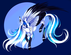 Size: 5076x3937 | Tagged: safe, artist:minelvi, imported from derpibooru, oc, oc only, pegasus, pony, abstract background, colored hooves, ear fluff, ethereal mane, eyelashes, pegasus oc, signature, solo, starry mane, wings
