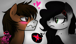 Size: 1280x750 | Tagged: safe, artist:amgiwolf, imported from derpibooru, oc, oc only, oc:amgi, earth pony, pony, bust, cross-popping veins, duo, eyelashes, female, frown, heart, heartbreak, male, mare, pictogram, shipping denied, signature, stallion, unamused, wavy mouth
