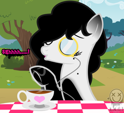 Size: 1976x1796 | Tagged: safe, artist:amgiwolf, imported from derpibooru, oc, oc only, oc:amgi, earth pony, pony, bust, coffee, cup, earth pony oc, eyelashes, eyes closed, female, mare, monocle, outdoors, shhh, solo, teacup, tree, underhoof