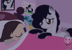 Size: 836x586 | Tagged: safe, artist:amgiwolf, imported from derpibooru, oc, oc only, oc:amgi, oc:huny, earth pony, pony, bed, blanket, coat markings, earth pony oc, eyelashes, eyes closed, female, filly, indoors, mare, mother and child, mother and daughter, pillow, signature, sleeping, smiling, socks (coat marking), socks (coat markings)