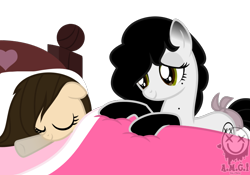 Size: 836x586 | Tagged: safe, alternate version, artist:amgiwolf, imported from derpibooru, oc, oc only, oc:amgi, oc:huny, earth pony, pony, background removed, bed, blanket, coat markings, earth pony oc, eyelashes, eyes closed, female, filly, mare, mother and child, mother and daughter, pillow, signature, simple background, sleeping, smiling, socks (coat marking), socks (coat markings), transparent background
