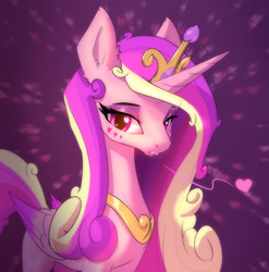 Size: 2008x2036 | Tagged: safe, artist:xbi, imported from derpibooru, princess cadance, alicorn, pony, abstract background, blowing a kiss, ear fluff, female, floating heart, heart, looking at you, mare, princess of love, solo