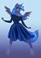 Size: 2480x3508 | Tagged: safe, artist:dandy, imported from derpibooru, princess luna, alicorn, anthro, unguligrade anthro, blushing, breasts, busty princess luna, clothes, cute, dancing, dress, female, hooves, horn, jewelry, mare, pendant, s1 luna, shirt, simple background, skirt, smiling, solo, wings