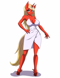 Size: 2480x3189 | Tagged: safe, artist:desingahv, imported from derpibooru, oc, oc only, oc:scarlet rose, anthro, unicorn, absolute cleavage, bare shoulders, big breasts, blonde, blue eyes, breasts, busty scarlet rose, cleavage, clothes, dress, eyeshadow, female, females only, hooves, jewelry, long hair, long tail, looking at you, makeup, mascara, pose, simple background, white background, wide hips