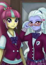 Size: 1748x2480 | Tagged: safe, artist:missfluffycuffs, imported from derpibooru, sour sweet, sugarcoat, equestria girls, clothes, crystal prep academy uniform, female, freckles, glasses, looking at you, ponytail, school uniform, smiling