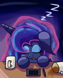 Size: 1036x1280 | Tagged: safe, artist:superhypersonic2000, imported from derpibooru, princess luna, alicorn, pony, digital art, eyes closed, female, floppy ears, horn, mare, mug, onomatopoeia, sleeping, snoring, solo, sound effects, zzz