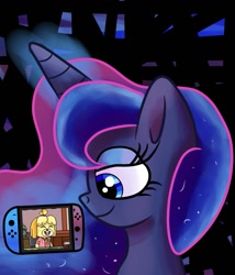 Size: 1097x1280 | Tagged: safe, artist:superhypersonic2000, imported from derpibooru, princess luna, alicorn, dog, pony, animal crossing, bedroom eyes, digital art, female, glowing horn, horn, isabelle, magic, mare, nintendo switch, smiling, solo, video game