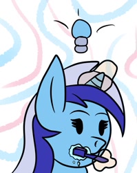 Size: 1021x1280 | Tagged: safe, artist:superhypersonic2000, imported from derpibooru, minuette, pony, unicorn, brushie, brushing, digital art, female, glowing horn, horn, magic, mare, solo, toothbrush