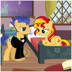 Size: 1370x1370 | Tagged: safe, artist:dashiesparkle, artist:grapefruitface1, artist:yuandnichigopictures, imported from derpibooru, flash sentry, sunset shimmer, pony, unicorn, bedroom eyes, bowtie, clothes, female, flashimmer, hotel room, looking at each other, male, shipping, show accurate, standing, straight, tuxedo