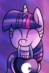 Size: 867x1280 | Tagged: safe, artist:superhypersonic2000, imported from derpibooru, twilight sparkle, pony, unicorn, digital art, eyes closed, female, horn, mare, mouth hold, smiling, solo, unicorn twilight