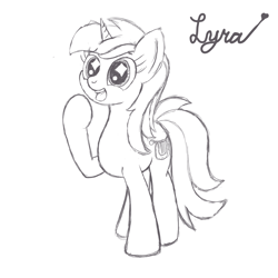 Size: 1200x1200 | Tagged: safe, artist:dafiltafish, imported from derpibooru, lyra heartstrings, pony, unicorn, black and white, grayscale, happy, monochrome, simple background, sketch, solo, text, white background