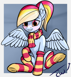 Size: 1300x1393 | Tagged: safe, alternate version, artist:colourwave, imported from derpibooru, oc, oc only, oc:colourwave, pegasus, pony, blushing, clothes, cute, female, frog (hoof), looking at you, mare, not rainbow dash, ponytail, scarf, signature, sitting, smiling, socks, solo, stockings, striped socks, thigh highs, underhoof, wings