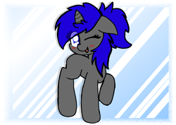 Size: 1267x896 | Tagged: safe, artist:two2sleepy, imported from derpibooru, oc, oc only, oc:dream vezpyre, oc:dream², pony, unicorn, :d, blushing, one eye closed, ponytail, smiling, solo, style emulation, wink