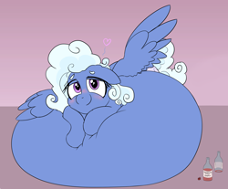 Size: 2358x1950 | Tagged: safe, artist:comfyplum, artist:tai kai, edit, imported from derpibooru, oc, oc only, oc:comfy pillow, pegasus, pony, belly, belly bed, big belly, bottle, female, huge belly, impossibly large belly, inflation, looking at you, solo, solo female, wings