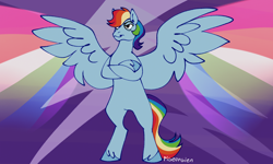 Size: 1500x900 | Tagged: safe, artist:pigeorgien, imported from derpibooru, rainbow dash, pegasus, pony, bipedal, crossed hooves, female, forelegs crossed, lightning, mare, rainbow, solo, spread wings, standing on two hooves, wings