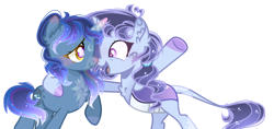 Size: 1538x726 | Tagged: safe, artist:magicallightsentryyt, artist:nakotl, imported from derpibooru, oc, oc only, oc:lavender skies, oc:moonlight magic glow, changepony, hybrid, pony, unicorn, base used, bipedal, duo, duo female, female, interspecies offspring, magical lesbian spawn, mare, offspring, open mouth, parent:pharynx, parent:princess luna, parent:rainbow dash, parent:trixie, parents:lunadash, parents:phartrix, simple background, transparent background